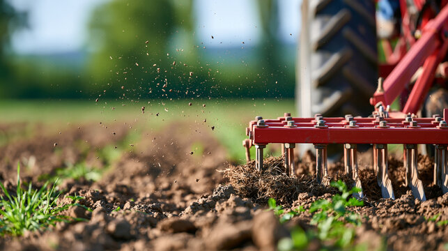 Front-mounted agricultural equipment clearing brush and leveling soil before crop planting, land preparation, farm machinery, field management, mechanized agriculture, rural