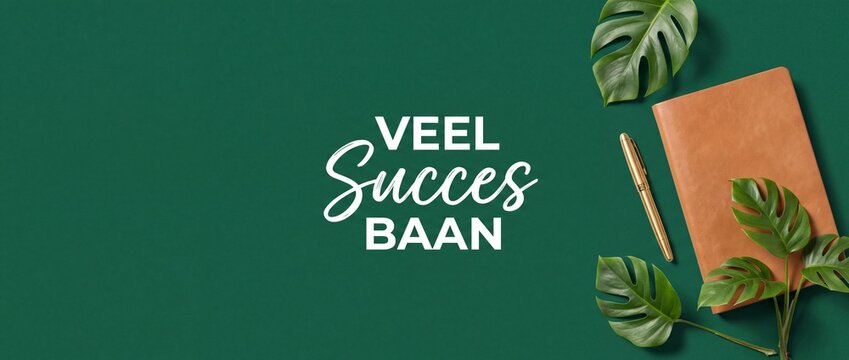 Veel succes baan Dutch text typography greeting on green background with leather notebook, gold pen and monstera leaves for career start, new job congratulations card, office flat lay copy space.