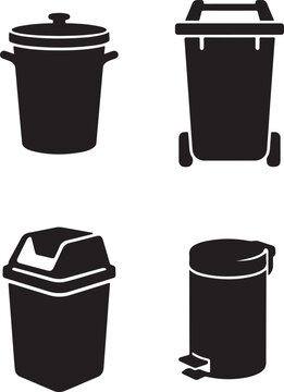 Black vector graphic collection of different types of garbage bins