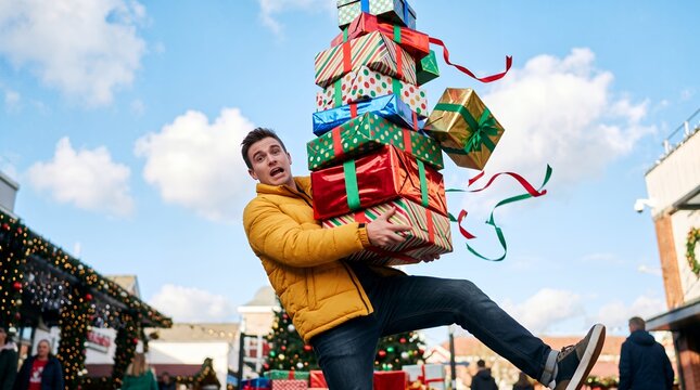 Young man in yellow jacket struggles to balance a tall falling stack of colorful wrapped gift boxes outdoors