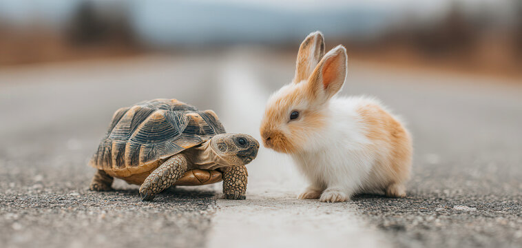 Small tortoise and white rabbit face each other on a paved outdoor path, animal friendship, playful contrast, slow and fast concept, charming wildlife scene, classic fable theme, gentle curiosity.