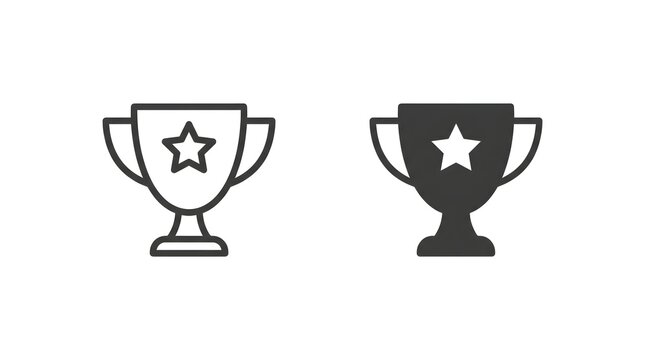 Trophy cup vector icons set featuring outline and solid styles for winning awards
