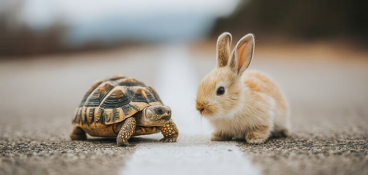 Small tortoise and white rabbit sit closely together on a paved outdoor path, animal companionship, unlikely friendship, slow and fast contrast, playful fable concept, gentle nature moment.