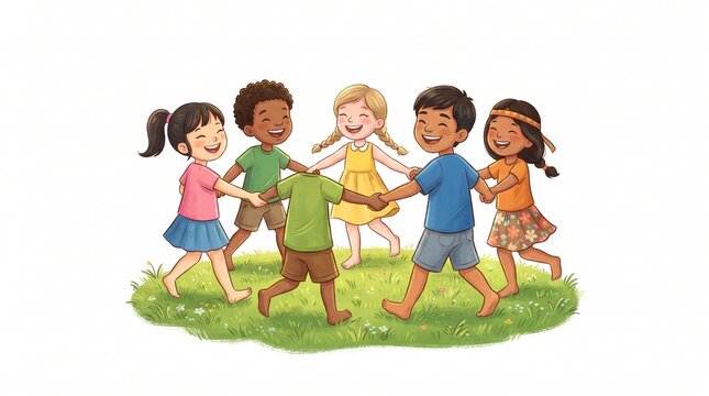 Diverse group of happy children holding hands and dancing in a circle on a grassy field