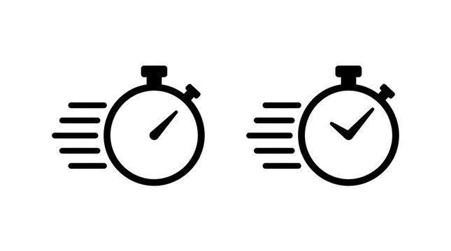 Fast stopwatch vector icons showing motion blur lines and checkmark symbols for quick timing tasks