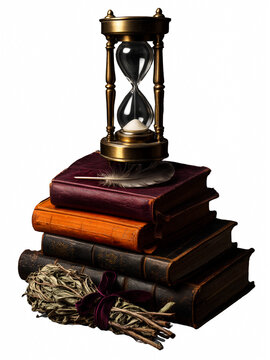Stacked leather books with brass hourglass raven feather and sage