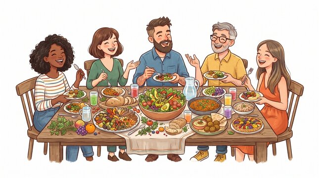 Diverse group of friends and family enjoying a healthy vegetarian meal together around a wooden table