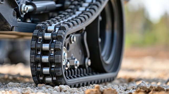 Close-up of a continuous rubber track and undercarriage on a compact loader, heavy machinery, agricultural and construction equipment, off-road mobility, mechanical engineering,