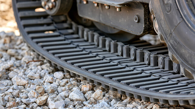 Close-up of a continuous rubber track and undercarriage on a compact loader, heavy machinery, agricultural and construction equipment, off-road mobility, mechanical engineering,