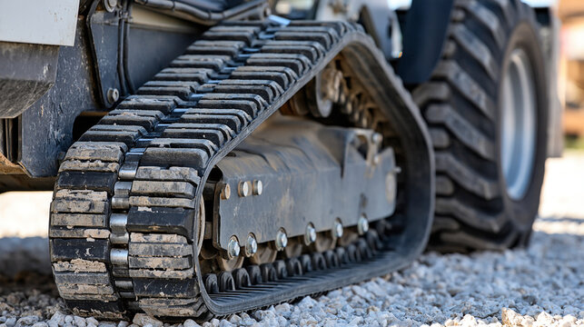 Close-up of a continuous rubber track and undercarriage on a compact loader, heavy machinery, agricultural and construction equipment, off-road mobility, mechanical engineering,