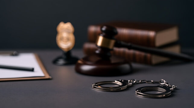 Legal gavel, handcuffs, badge, and law books on a dark desk representing the justice system, criminal law, and court trial concepts