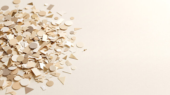 Beige and tan paper confetti shapes scattered in a dense cluster on a light cream background, creating a minimalist celebration texture with geometric circles, triangles, and stars