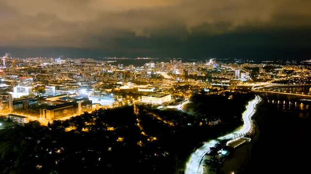 Ufa, Russia. Panorama of the city center. Night city lights. Drone footage