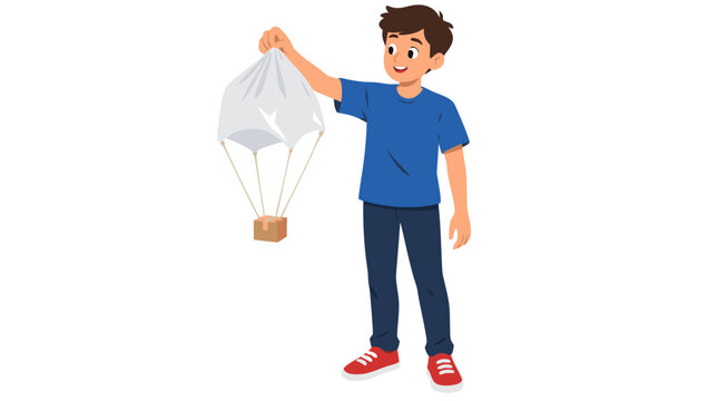 Cheerful teenage boy in blue shirt holding homemade plastic bag parachute with small cardboard box payload for school physics experiment isolated on white background flat vector illustration
