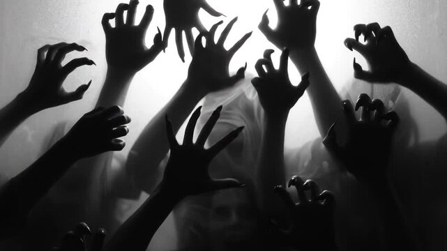 Silhouette of creepy zombie hands reaching out up against a bright foggy background, horror and halloween concept.
