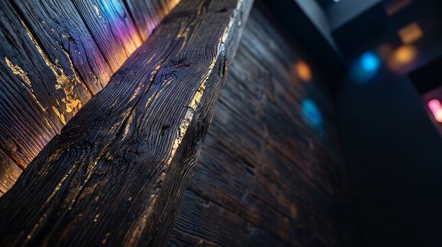 Close-up of dark, aged wooden planks with deep grain texture, illuminated by soft blue and orange light reflections in a dim environment