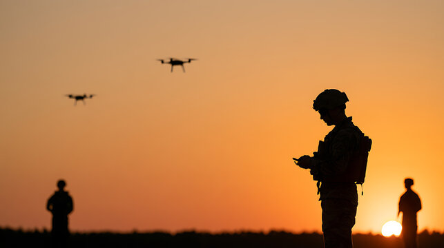 Silhouette of military soldier pilot operate reconnaissance drone quadcopter in field at sunset golden hour landscape combat tech operation