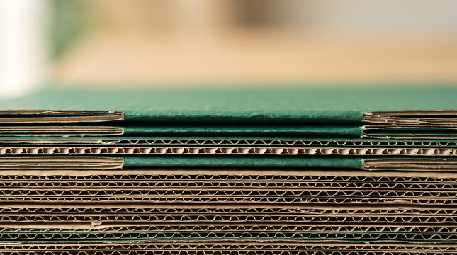 Close-up side view of a stack of corrugated cardboard sheets, featuring alternating layers of brown fluted paper and flat green paper surfaces with a shallow depth of field