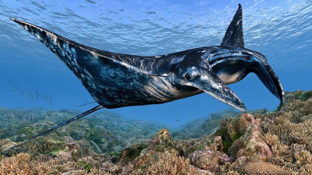 Giant manta ray glides above a tropical coral reef with schools of fish in view