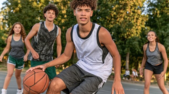 Multicultural teenagers play basketball in a city park during late afternoon