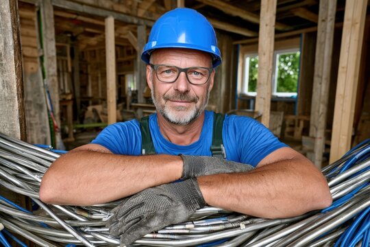 Electrician installing electrical wiring in a newly renovated home with focus on tools and work process