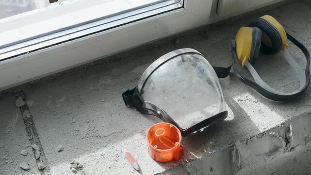 Protective gear laid out on a work surface in a bright environment