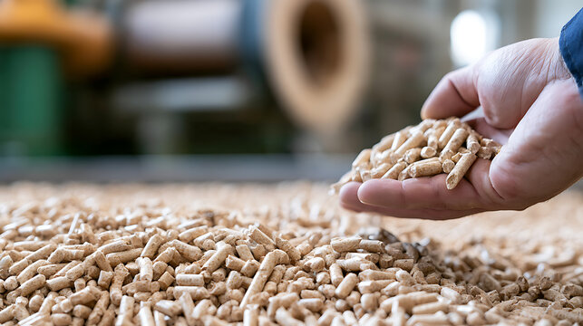 Industrial worker hold wood pellet in hand inside biomass energy plant, sustainable fuel production quality check, eco heating material stock photo
