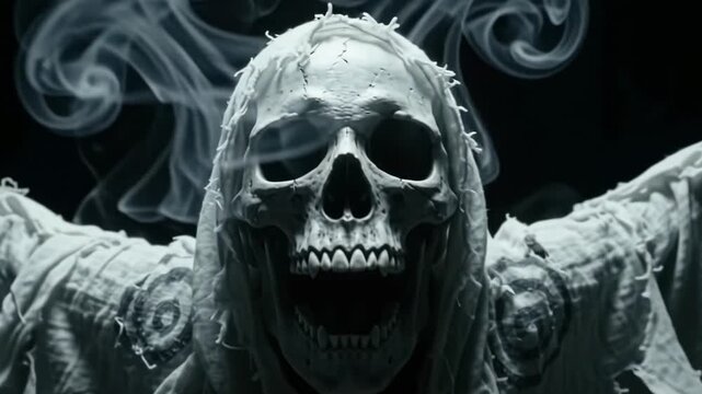 Cinematic grim reaper skull laughing with smoke background.