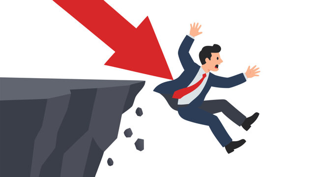 Stressed corporate businessman falling off a high dark rock cliff edge after being pushed by a giant red downward pointing arrow vector illustration symbolizing financial crisis loss