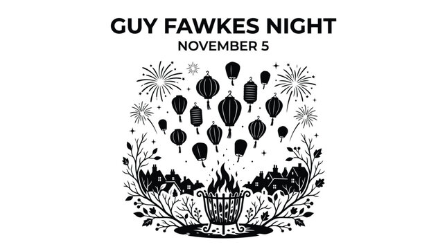 Guy fawkes night celebration poster featuring black and white illustration of lanterns and bonfire