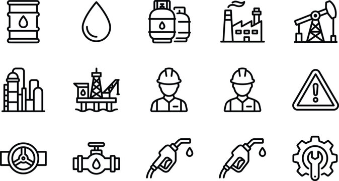 Set of oil and gas industry line icons featuring energy production and infrastructure equipment oil barrel oil drop gas cylinders factory plant