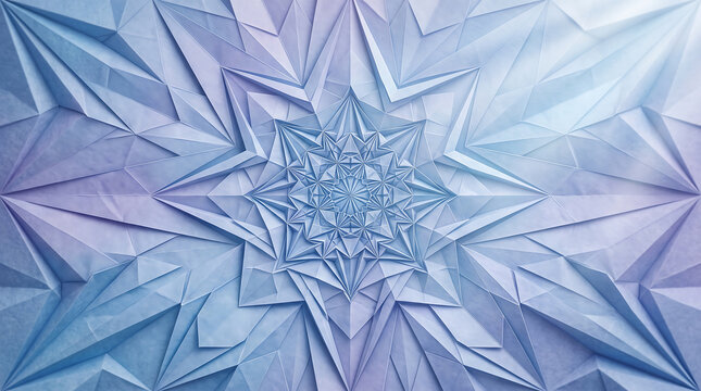 Geometric origami paper pattern with a central starburst, featuring folded triangular facets in shades of light blue, lavender, and white with soft directional lighting