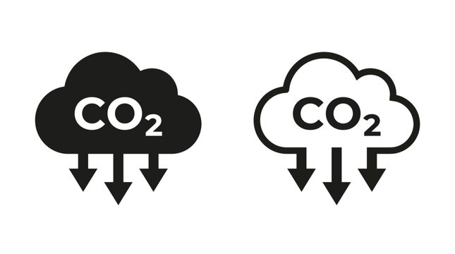 Carbon dioxide emission reduction icons showing black and white cloud symbols with downward arrows