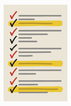 Beige paper document checklist page with printed grey text rows, yellow marker highlighter bars, and red and black check marks, office audit report flat vector illustration on white