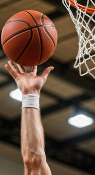 A basketball player's hand scores a point during a game. Vertical close-up of a muscular arm dunking a ball into the hoop