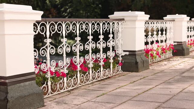 Close-up of an ornate white wrought-iron balcony railing with scrollwork, framed by shadow, overlooking pink geraniums in a terracotta planter and golden autumn foliage.