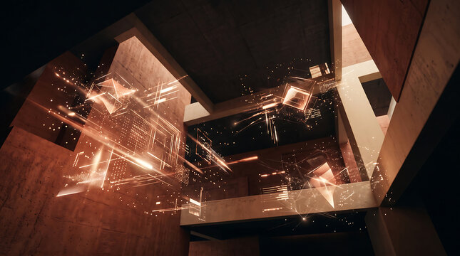 Holographic light projections of geometric wireframe cubes and data lines floating inside a dark, multi-level architectural interior with concrete walls