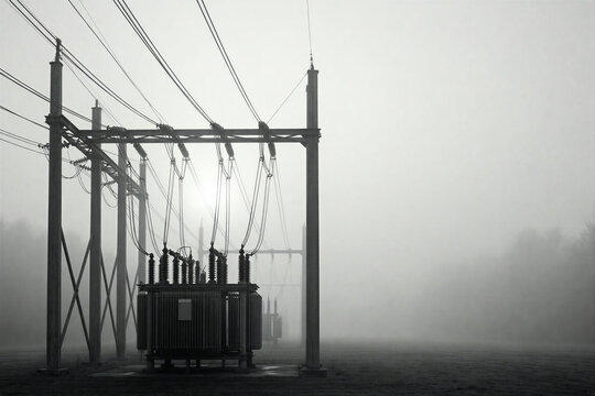 Industrial power transformer in a foggy rural landscape