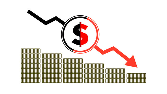 Financial Loss Concept with Declining Coin Stacks, Dollar Symbol and Downward Arrow &ndash; Editable Vector Template