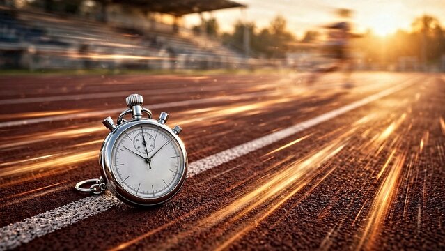 Stopwatch with motion blur on a running track at golden hour, work sprint speed and productivity concept