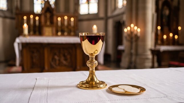 Holy Communion chalice with sacramental wine and wafers on church altar in a candlelit Catholic worship interior