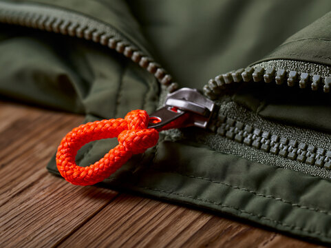 Orange cord loop attached to a green jacket zipper pull