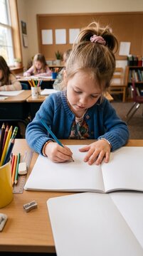 Focused schoolgirl writes in a notebook at her classroom desk during lesson time. Childhood learning, elementary education, concentration and academic development in a real school setting.  