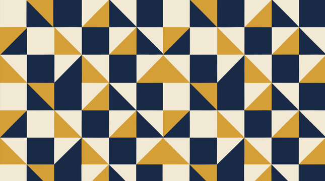 A geometric seamless tessellation pattern combines sharp triangles and squares in mustard yellow, dark navy blue and cream white in sophisticated modern abstract flat vector illustration