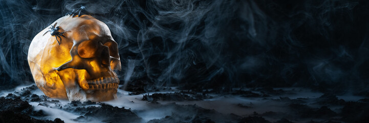 Fototapeta premium Glowing skull with spider on dark smoky ground in a dramatic Halloween scene. Extra wide banner composition with large copy space for text, advertising or web design