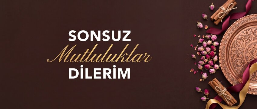 Turkish wedding greeting banner background with Turkish text Sonsuz Mutluluklar Dilerim meaning endless happiness, traditional copper tray, dried rose buds, cinnamon and ribbons for celebration concep