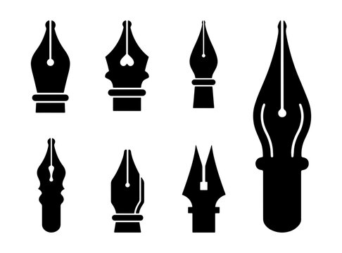Fountain pen nib silhouettes set with various tip shapes for writing and calligraphy, logo and signage