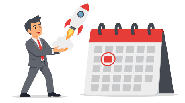 A smiling businessman in a grey suit launches a small white and red rocket from his hands next to a large calendar with a circled deadline date in flat vector illustration on white
