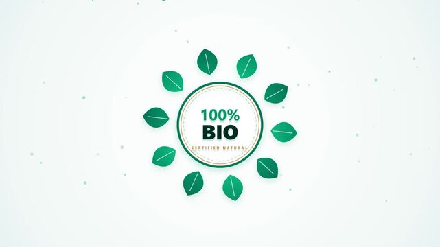 Bio organic certified natural food product badge animation with rotating green leaf icons vector video