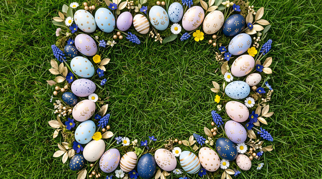 Square wreath frame made of pastel colored easter eggs, blue muscari flowers, white daisies, and gold leaves arranged on a vibrant green grass background